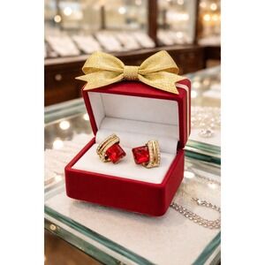 Gold Red Crystal Geometric Stud Earrings Emerald Cut Statement Jewelry‎